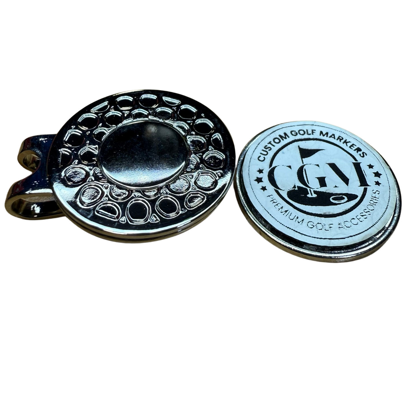 Leatherette on Stainless Steel Custom Engraved (Top Side) Ball Marker (23mm) with stainless steel clip.