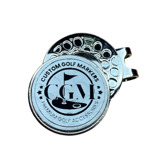 Leatherette on Stainless Steel Custom Engraved (Top Side) Ball Marker (23mm) with stainless steel clip.